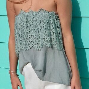The Hanger Sage Green Lace-Trim High Waist Shorts
